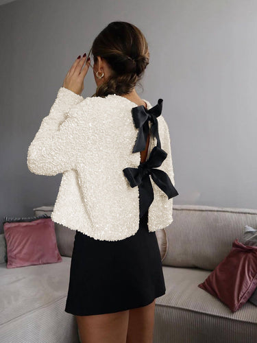 Sequin Velvet Bow Jacket – Cropped Statement Evening Jacket