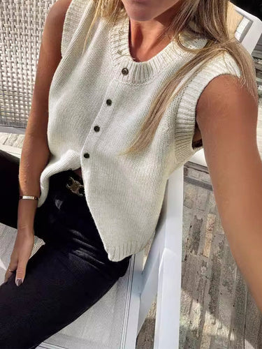 Button-Up Sweater Vest – Ribbed Edge Sleeveless Knit Vest