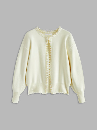 Pearl Trim Ripped Hem Cardigan – Classic Knit Cardi