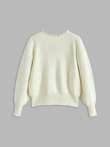 Pearl Trim Ripped Hem Cardigan – Classic Knit Cardi