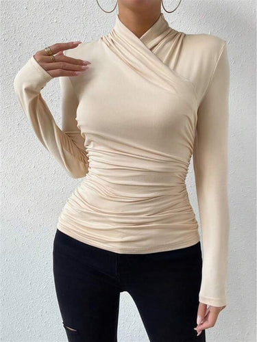 Crossover Long Sleeve Top – Ruched Waist Stretch Fitted Top