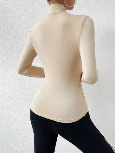 Crossover Long Sleeve Top – Ruched Waist Stretch Fitted Top