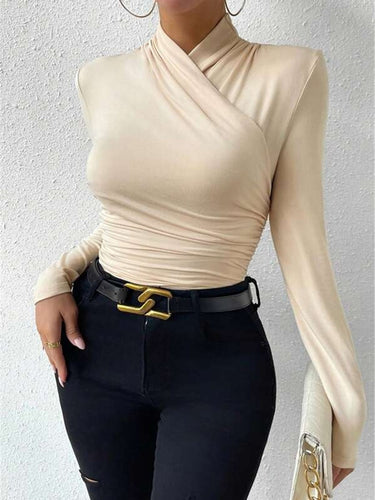 Crossover Long Sleeve Top – Ruched Waist Stretch Fitted Top