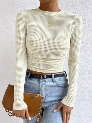 Waffle Knit Long Sleeve Top – Cropped Contoured Casual Top