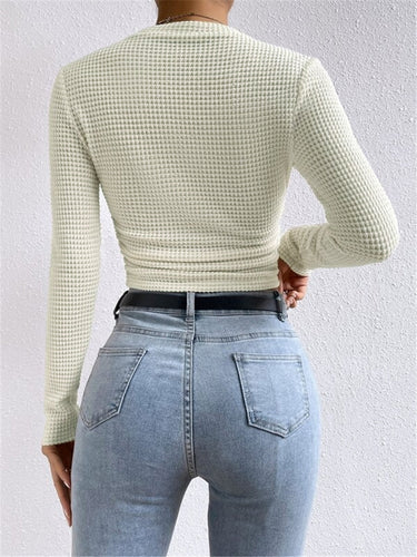 Waffle Knit Long Sleeve Top – Cropped Contoured Casual Top