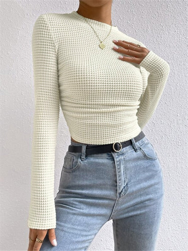 Waffle Knit Long Sleeve Top – Cropped Contoured Casual Top