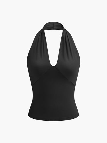 V-Neck Halter Tank Top – Open Back Plunge Neck Sleeveless Top