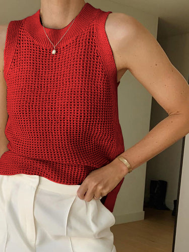 Open Knit Tank Top – Hollow Solid Ribbed Collar Sleeveless Top
