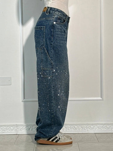 Shiny Balloon Carpenter Jeans – Wide-Leg Jewel-Finish Denim