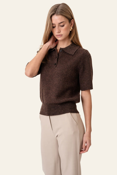 Laurel | Dark Brown Knitted Polo With Ribbed Hem