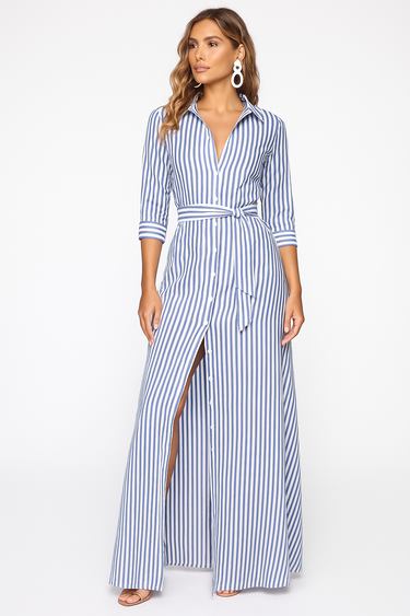Striped Maxi Shirt Dress – Belted Workwear Casual Maxi Dress