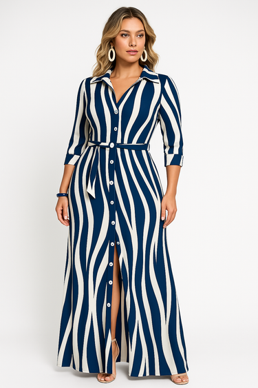 Striped Maxi Shirt Dress – Belted Workwear Casual Maxi Dress