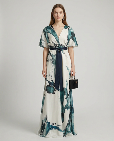 Floral Bohemian Maxi Dress – Deep V-Neck Batwing Sleeve Summer Wedding Dress