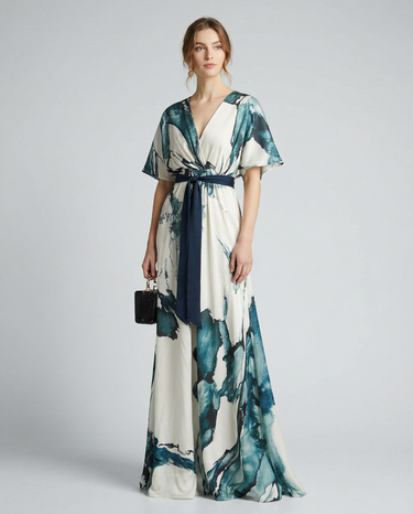 Floral Bohemian Maxi Dress – Deep V-Neck Batwing Sleeve Summer Wedding Dress