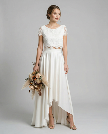 White Boho Lace Dress – High-Low Two-Piece Bridal and Wedding Guest Gown