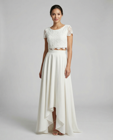 White Boho Lace Dress – High-Low Two-Piece Bridal and Wedding Guest Gown