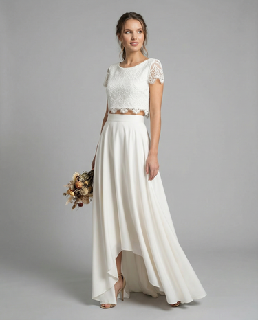 White Boho Lace Dress – High-Low Two-Piece Bridal and Wedding Guest Gown