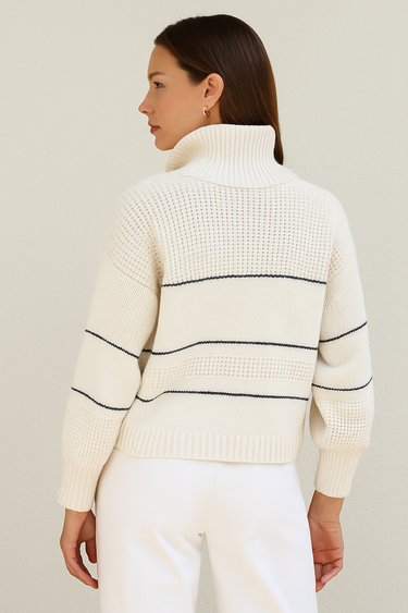 Button Collar Knit Pullover – Waffle Texture Stripe Sweater