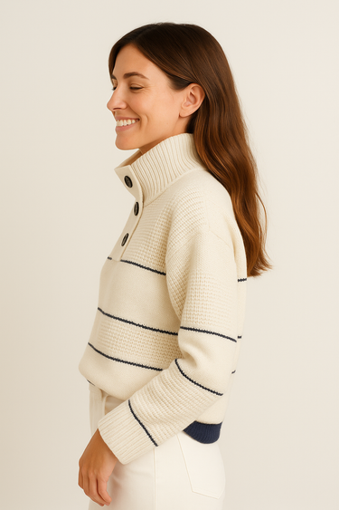 Button Collar Knit Pullover – Waffle Texture Stripe Sweater