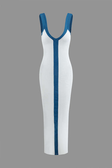 Blue Striped Ribbed Maxi Dress – Colourblock V-Neck Fitted Cocktail Dress