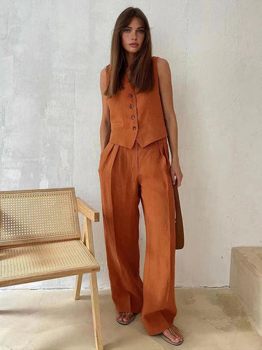 Cotton-Linen Co-Ord Set – Waistcoat and Wide-Leg Trouser Set