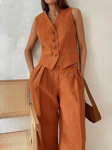 Cotton-Linen Co-Ord Set – Waistcoat and Wide-Leg Trouser Set