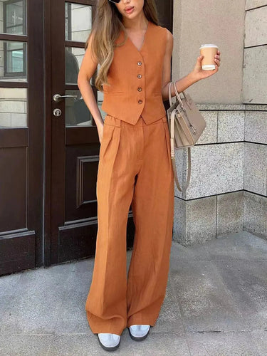 Cotton-Linen Co-Ord Set – Waistcoat and Wide-Leg Trouser Set