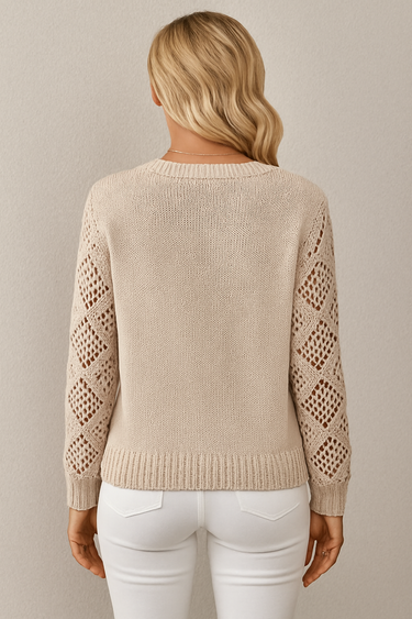 Crochet Sleeve Knit Sweater – Lightweight V-Neck Jumper
