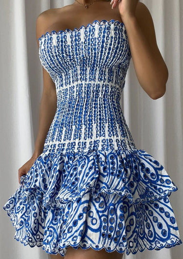 Blue Embroidered Strapless Mini Dress – Shirred Cotton Anglaise Summer Dress