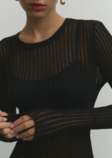 Sheer Wool Long Sleeve Top – Semi-Sheer Ribbed Slim Fit Top
