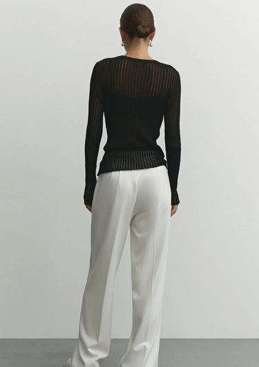Sheer Wool Long Sleeve Top – Semi-Sheer Ribbed Slim Fit Top