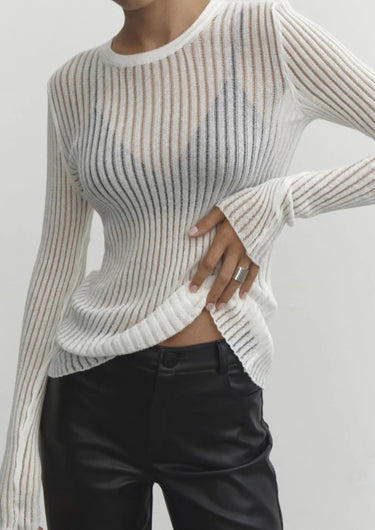 Sheer Wool Long Sleeve Top – Semi-Sheer Ribbed Slim Fit Top