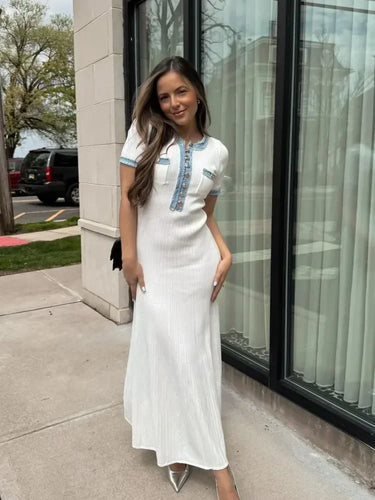 Ribbed Knit Maxi Dress – Short Sleeve Bodycon Smart Casual Dress