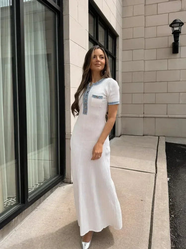 Ribbed Knit Maxi Dress – Short Sleeve Bodycon Smart Casual Dress