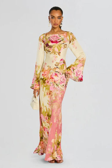 Floral Bell Sleeve Evening Gown – Elegant Maxi Occasion Dress