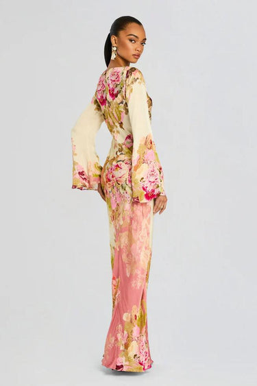 Floral Bell Sleeve Evening Gown – Elegant Maxi Occasion Dress
