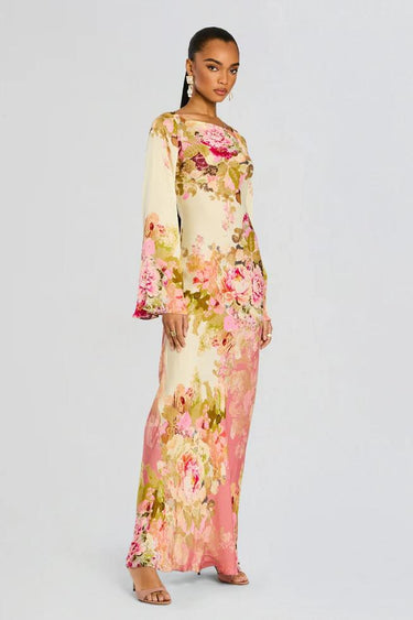 Floral Bell Sleeve Evening Gown – Elegant Maxi Occasion Dress