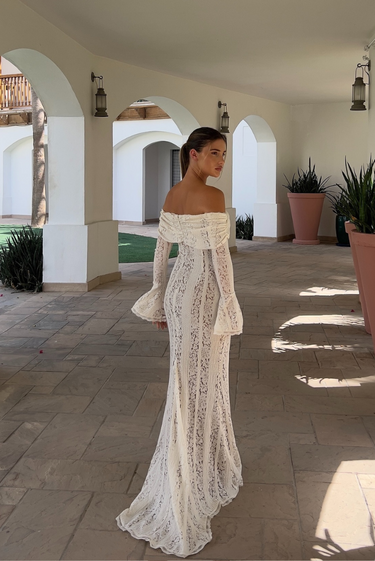 White Off-Shoulder Lace Maxi Dress – Flared Sleeve Formal Evening Gown