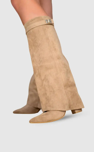 Suede Knee-High Boots – Pointed Toe Gold Buckle Detail Long Boots