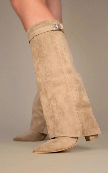 Suede Knee-High Boots – Pointed Toe Gold Buckle Detail Long Boots