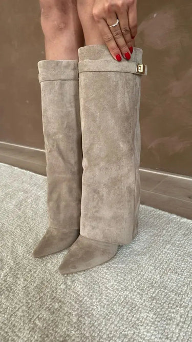 Suede Knee-High Boots – Pointed Toe Gold Buckle Detail Long Boots
