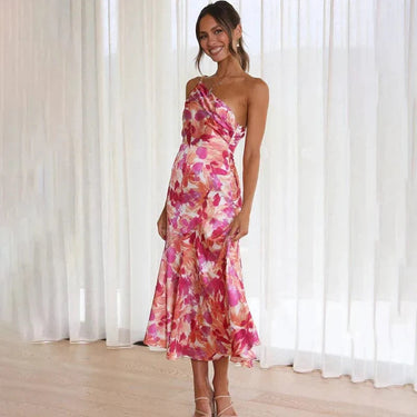 Pink One-Shoulder Floral Satin Dress – Cocktail Party Wedding Guest Dress