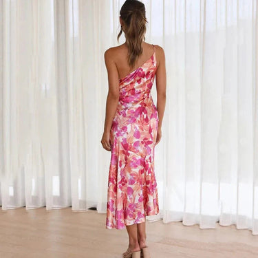 Pink One-Shoulder Floral Satin Dress – Cocktail Party Wedding Guest Dress
