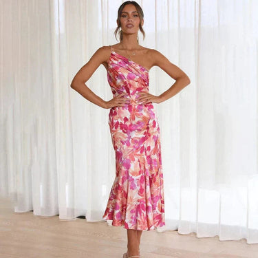 Pink One-Shoulder Floral Satin Dress – Cocktail Party Wedding Guest Dress