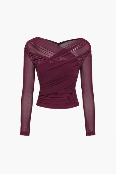 Sheer Mesh Ruched Top – Long Sleeve Fitted Evening Top
