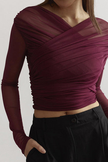 Sheer Mesh Ruched Top – Long Sleeve Fitted Evening Top
