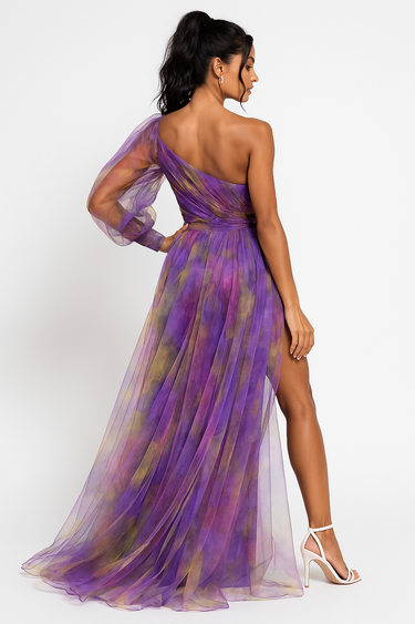 Purple One-Shoulder Balloon Sleeve Maxi Gown – Feather Waist Formal Dress