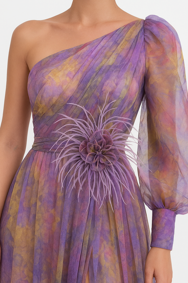 Purple One-Shoulder Balloon Sleeve Maxi Gown – Feather Waist Formal Dress