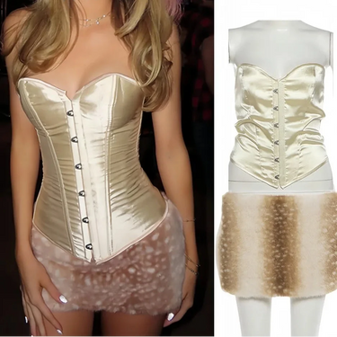 Satin Corset Crop Top and Mini Skirt Set – Backless Evening Co-Ord