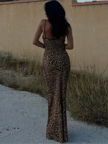 Leopard Print Maxi Dress – Open Back Spaghetti Strap Evening Party Dress